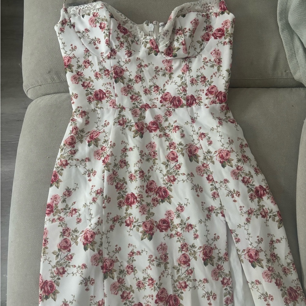House of CB White Midi Dress with Pink Rose Print